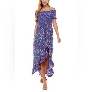 Crystal Doll Women Blue Stretch Smocked Ruffled Floral Short Sleeve/off Shoulder